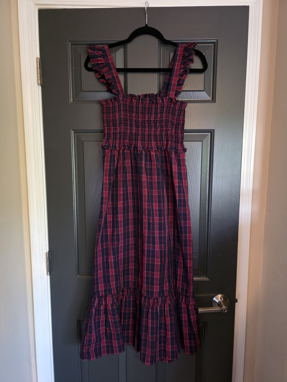 Nicole Miller Navy and Red Plaid Smocked Sundress